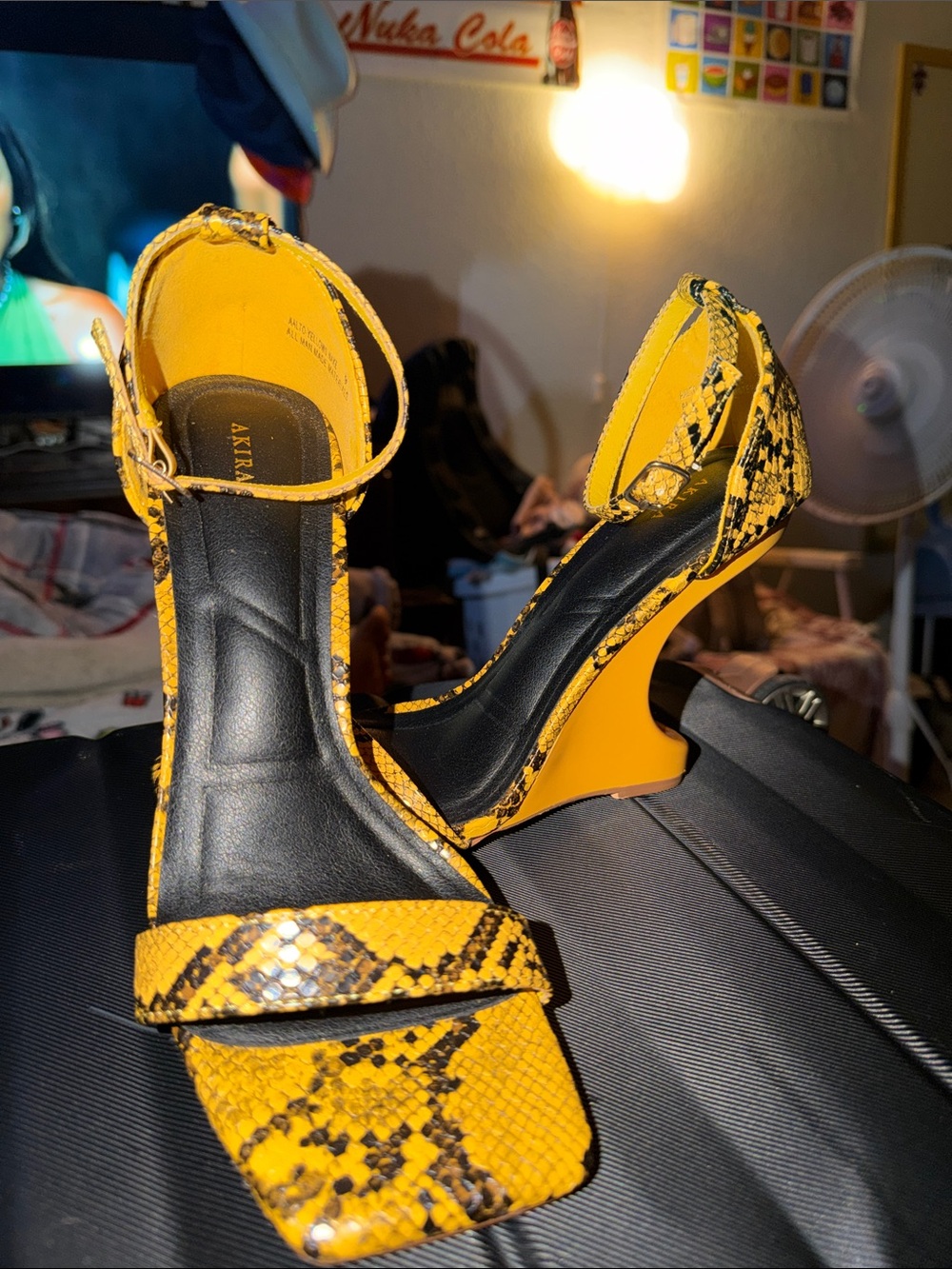 AKIRA Yellow Snake-Print Stiletto Sandals